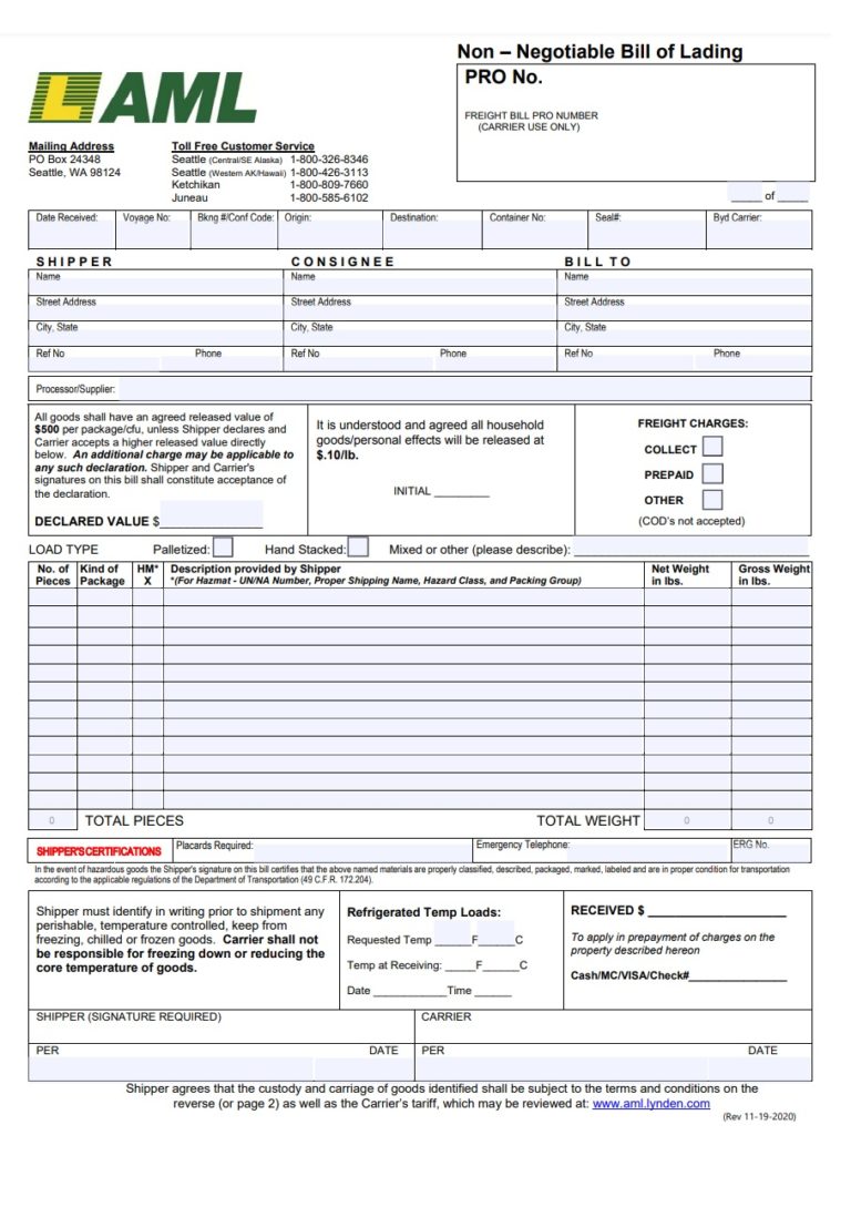 Bill of Lading Template