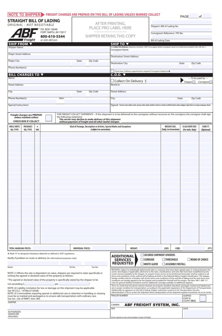 Bill of Lading Template