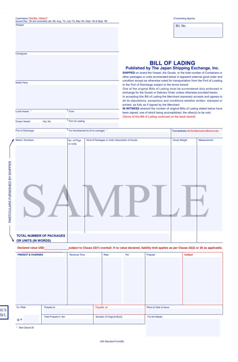 Bill of Lading Template